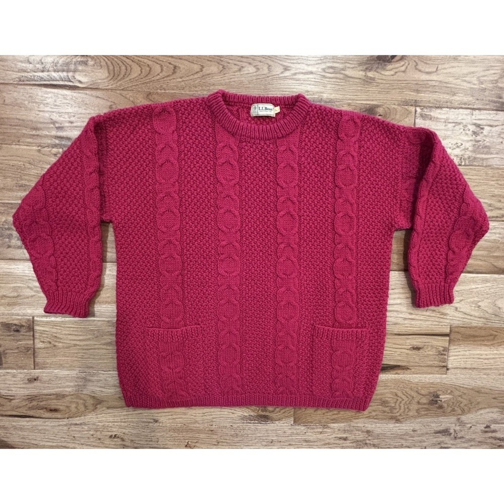 Vintage L.L Bean Fisherman's Cable Knit Oversized Wool Sweater Pockets Women's L